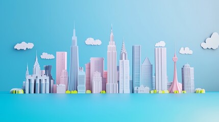 Obraz premium Colorful paper city skyline on blue background.