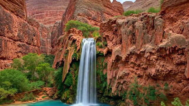 A scenic view of a waterfall cascading into a vibrant turquoise pool surrounded by red rock cliffs