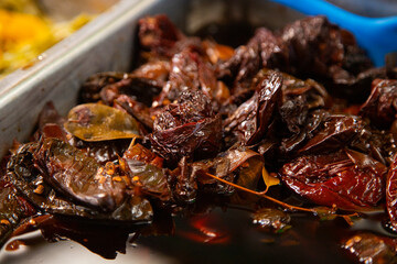 Pickled red chilies at the Atlixco food market in Mexico.