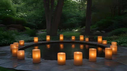 Candles circle garden pond nighttime reflection