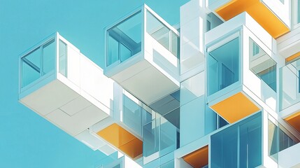 Modern apartment building fragment glass-walled balconies, flat tones, and sharp lines with a cloudless blue sky creating a serene backdrop.  