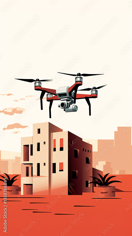 Poster a minimalist 2d logo of a building with a minimalist drone illustration in a flat design.