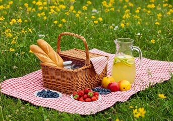 Enjoying Picnic with Fresh Fruit and Baguette in Sunny Meadow