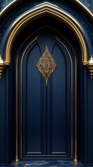 Naklejka premium Gothic arched door, gold detailing, dark blue, palace entry