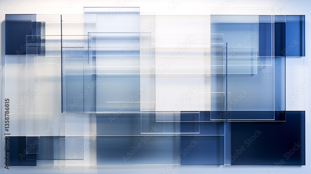 Poster multiple translucent layers or sheets aligning perfectly, set against a blue and white wallpaper bac