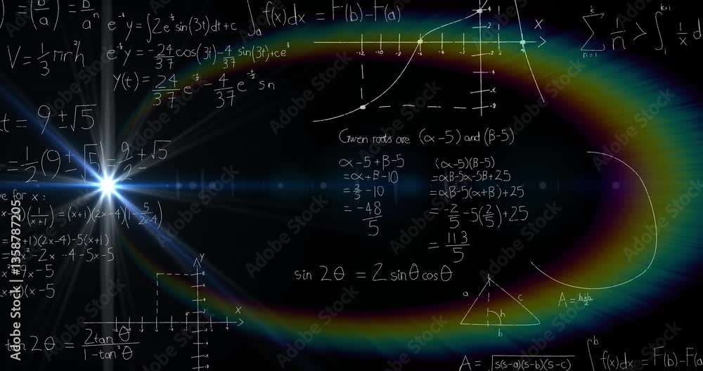 Poster animation of mathematical equations and graphs glowing on black background