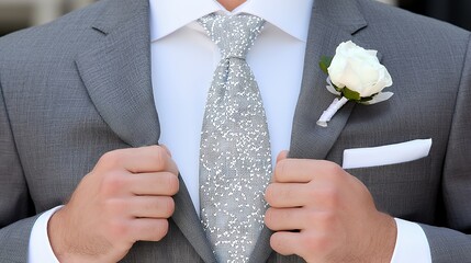 Man in Gray Suit Adjusting Jacket with Silver Tie and White Rose