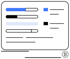 Progress bars with varying completion levels, task status blocks, and a cryptocurrency Bitcoin logo. Ideal for finance, analytics, project management, blockchain, data tracking, fintech flat simple