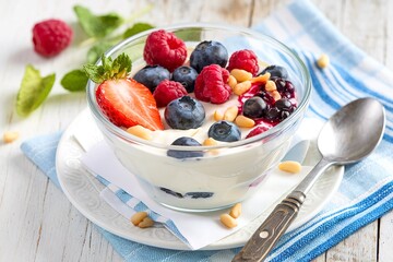Greek yogurt bowl with fresh berries and pine nuts