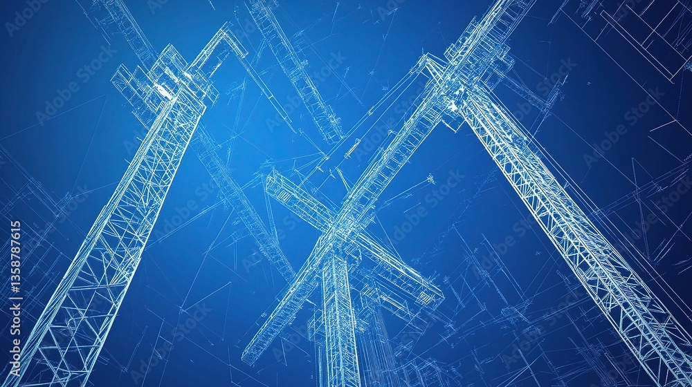Poster blueprint design with cranes and structural elements overlay