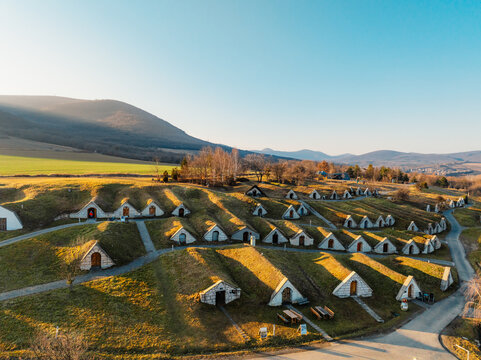 Traditional wine cellars in Hercegkut near Sarospatak Tokaj region Hungary. Button Hill.