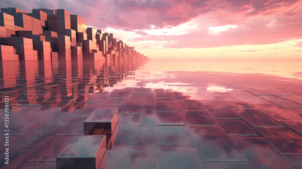 Poster countless glazed textured cubes on the horizon, creating a futuristic wallpaper background for displ
