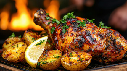 Grilled Chicken Leg with Spices and Roasted Potatoes on a Rustic Wooden Table