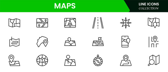 Map icon set. Containing location, GPS, navigation, city map, atlas, route, direction, pin and more. Vector collection.