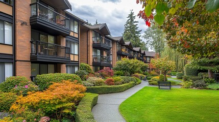 Fototapeta premium Multi-story apartment complex in a quiet American suburb vibrant landscaping, spacious balconies, and a communal garden setting. 
