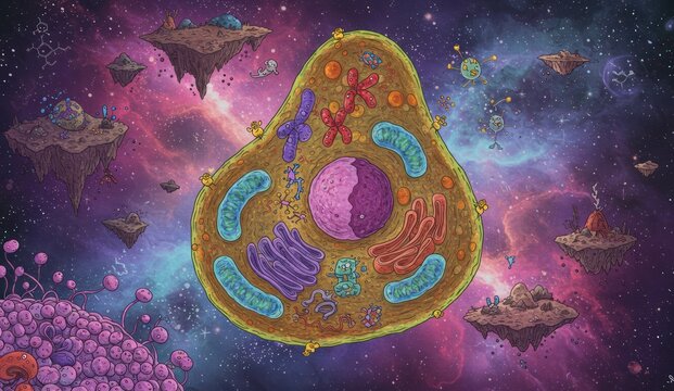 Colorful illustration of a cell floating in space with fantasy islands,