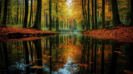 A serene forest scene with autumn leaves reflected on the still surface of a calm pond, creating a painterly effect.