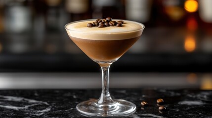Elegant espresso martini cocktail with coffee beans on top, served in a stylish glass on a dark stone countertop with blurred background