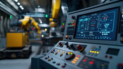 Advanced Industrial Control Panel with Digital Displays and Robotic Arm in Background at a High-Tech Manufacturing Facility
