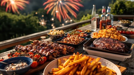 Obraz premium Independence Day barbecue spread with fireworks in the background. 