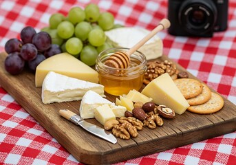 Delicious Cheese Board with Grapes Honey and Nuts on Picnic Cloth
