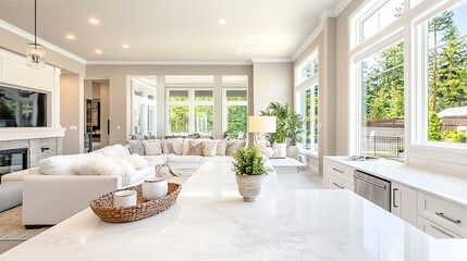 Fototapeta premium Open-plan luxurious white kitchen and living room seamless design with marble countertops, plush seating, and soft natural light creating an airy atmosphere. 
