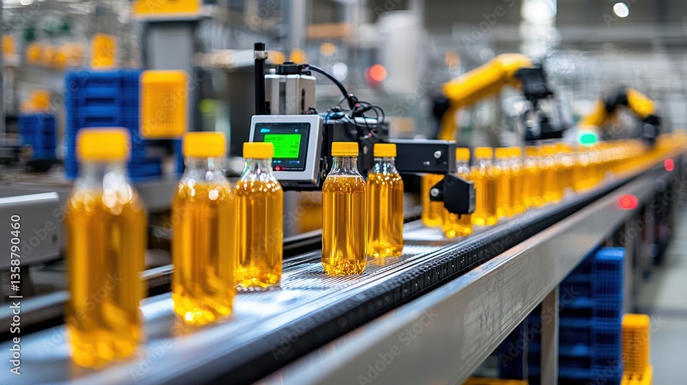 Poster automation in production line of bottled oil with robotic arm and quality control system in modern f