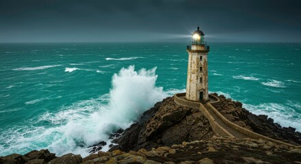 Dramatic Lighthouse on Rocky Coast with Crashing Waves and Stormy Sea