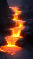 A glowing river of molten rock flows down a rocky landscape