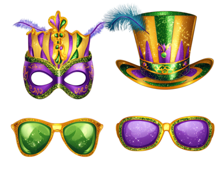  Mardi Gras: the set includes glasses, hat, and mask isolated on  a  transparent background png
