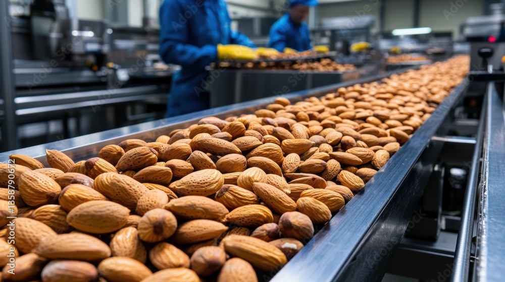 Poster almond processing factory with high-quality equipment and workers sorting nuts on conveyor belt in m