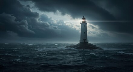 Dramatic Lighthouse Beacon Shining Brightly Through a Dark Stormy Sea at Night