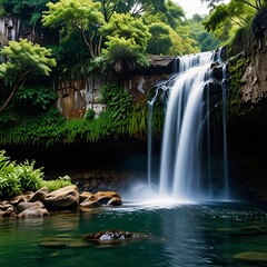 waterfall,forest,river side,trees