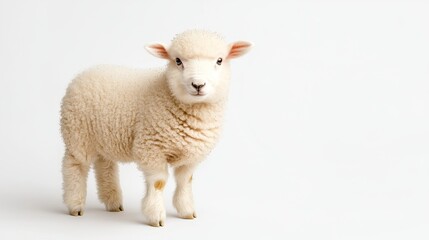 Fototapeta premium Adorable Fluffy Lamb Standing on White Background Cute Farm Animal Portrait