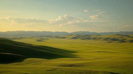 Obraz premium Serene Rolling Hills Landscape Sunset Golden Meadow sky view calm rural green field light