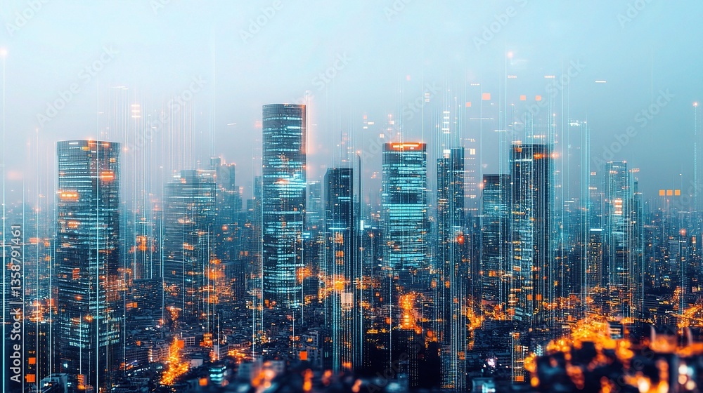 Poster futuristic skyline with smart buildings and ai integration concepts