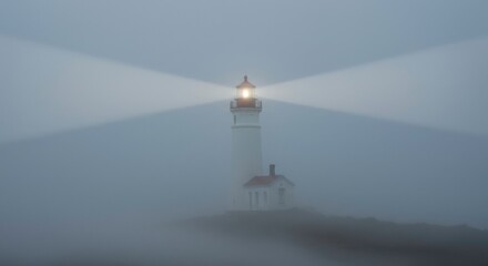 Majestic Lighthouse Beam Cutting Through Dense Fog at Night