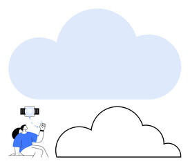 Large cloud icon with a person connecting via smartwatch and sharing data. Ideal for technology, cloud computing, data storage, IoT, innovation, communication, and future concepts. Flat simple
