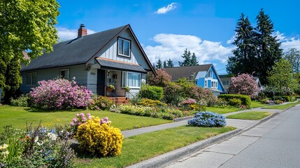 Quaint suburban neighborhood with well-kept homes, wide sidewalks, and blooming flowers creating a calm and inviting atmosphere.  