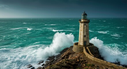 Obraz premium Dramatic Lighthouse on Rocky Coast with Powerful Ocean Waves Crashing