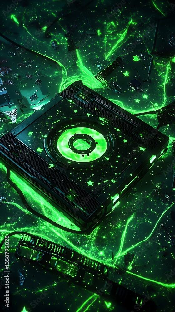 Poster futuristic green abstract pattern with bright stars and tech elements