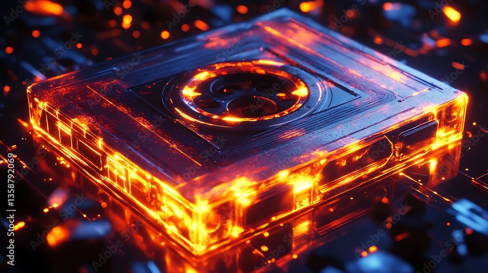 Poster futuristic neon cassette tape with glowing elements and patterns