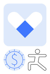 Medical capsule forming heart, coin representing financial investment, and fitness figure symbolizing active lifestyle. Ideal for health, wellness, finance, insurance, exercise, pharmacy preventive