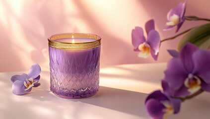 Elegant purple candle with orchids.  Soft light, decorative glass