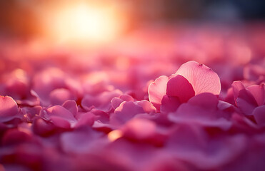Obraz premium Vibrant Pink Rose Petals on the Ground with Sunset Glow