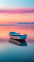 Fototapeta premium A small boat floats serenely on a calm body of water at sunset, reflecting the pastel colors of the sky.