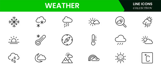 Weather icon set. Containing temperature, sun, rain, snow, cloud, humidity, summer, winter, spring, cloudy and rainy season. Climate symbol.