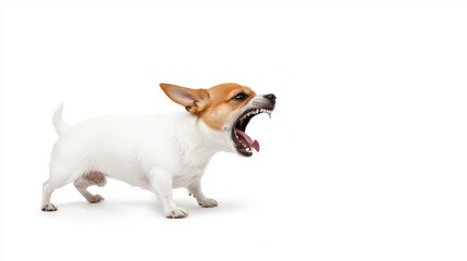 Small dog barking aggressively isolated on white background pet animal canine puppy