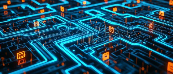 Futuristic blue circuit technology abstract design.