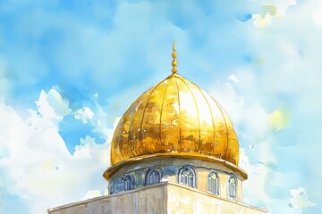 Obraz premium Watercolor painting of a golden mosque dome shining under a soft blue sky. Gentle sunlight reflects off its smooth surface, on isolated white background
